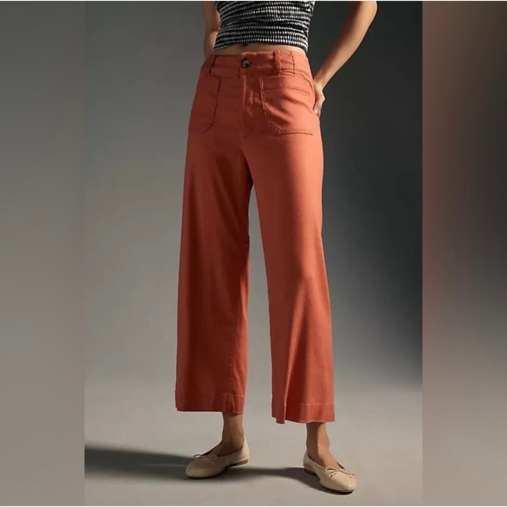 Anthropologie Maeve The Colette Ankle Cropped Linen Wide Leg Pants Orange‎ 27